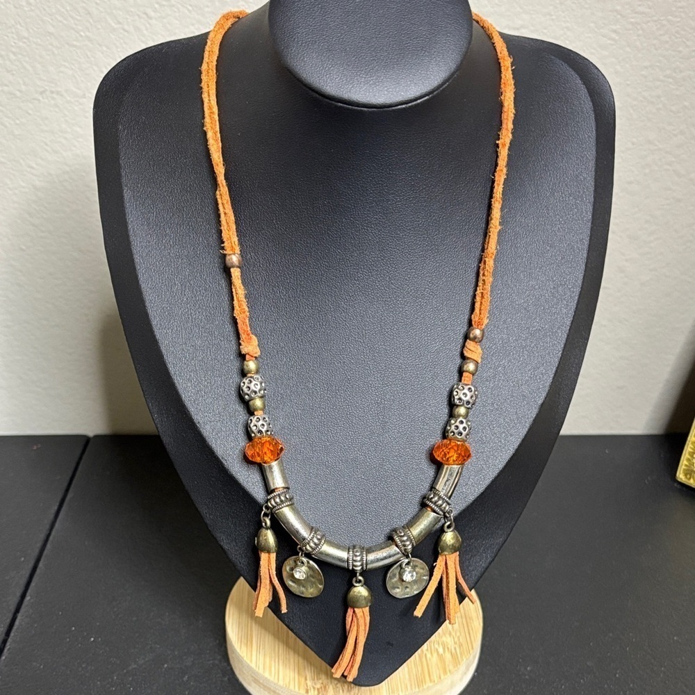 Suede Cord Mixed Media Suede Leather Cord Glass Metal Boho Western Necklace